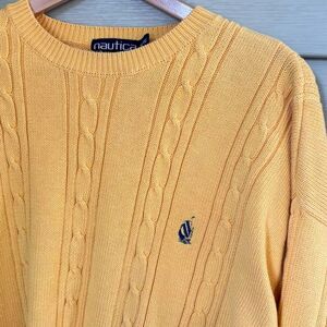 NAUTICAL Yellow Cotton Cable Knit Crew Neck Sweater Sz XL vintage preppy 90s
